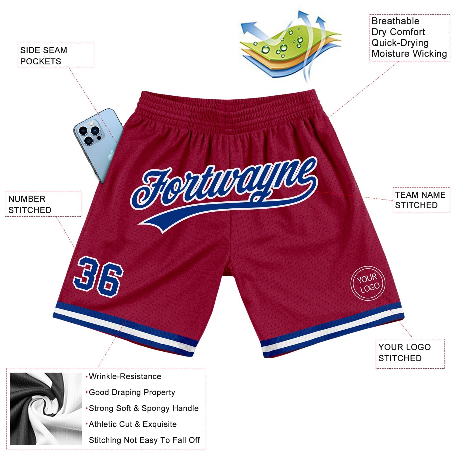 Custom Maroon Royal-White Authentic Throwback Basketball Shorts view 2