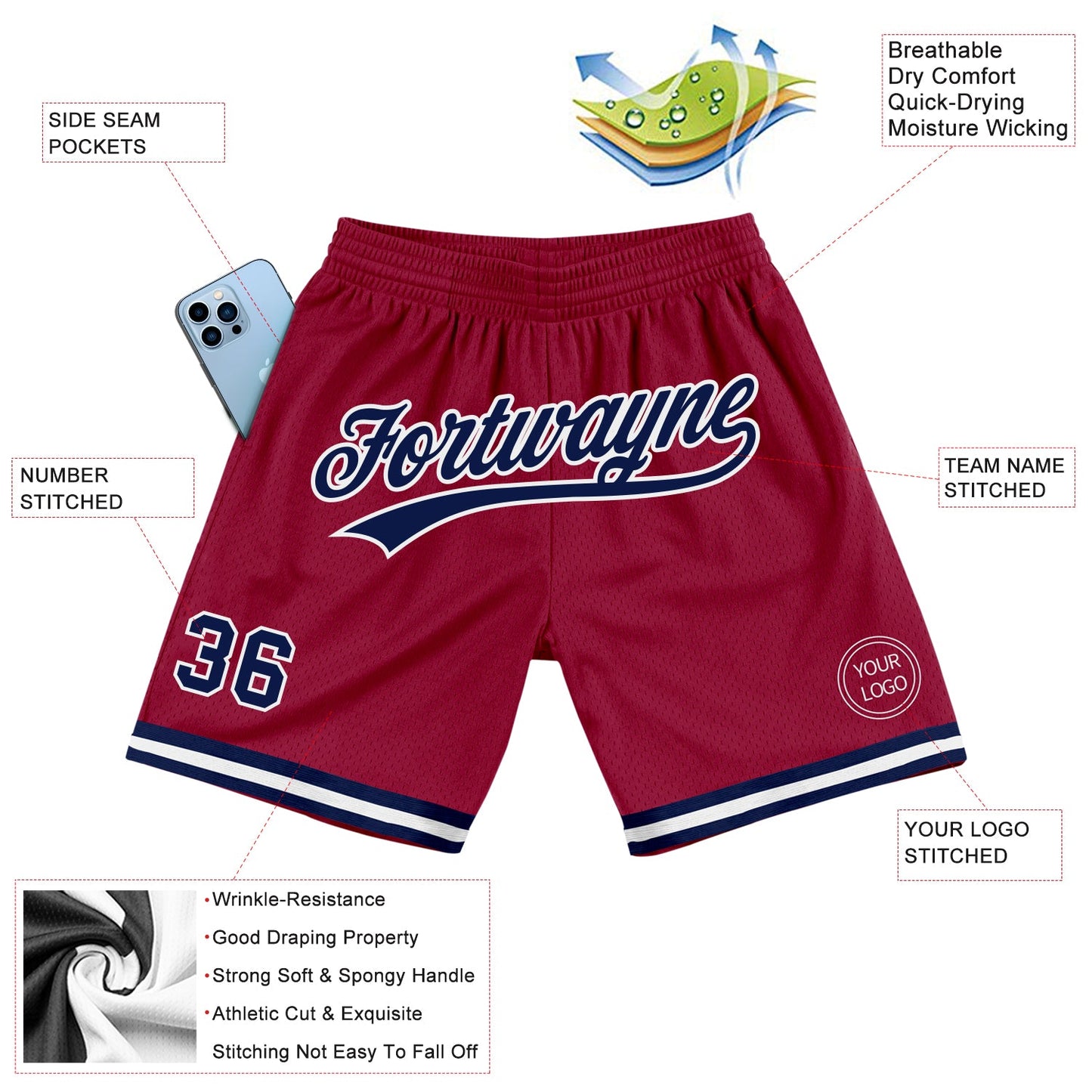 Custom Maroon Navy-White Authentic Throwback Basketball Shorts view 2
