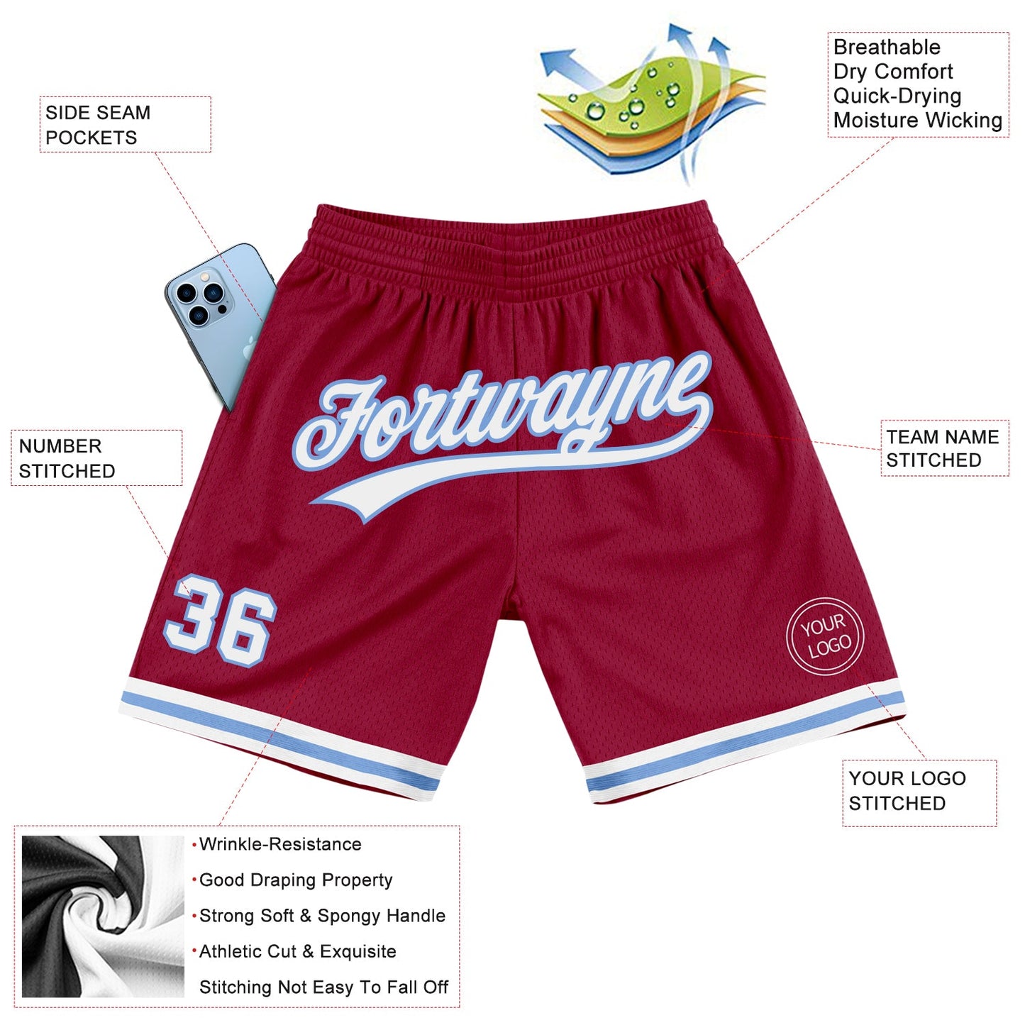 Custom Maroon White-Light Blue Authentic Throwback Basketball Shorts view 2