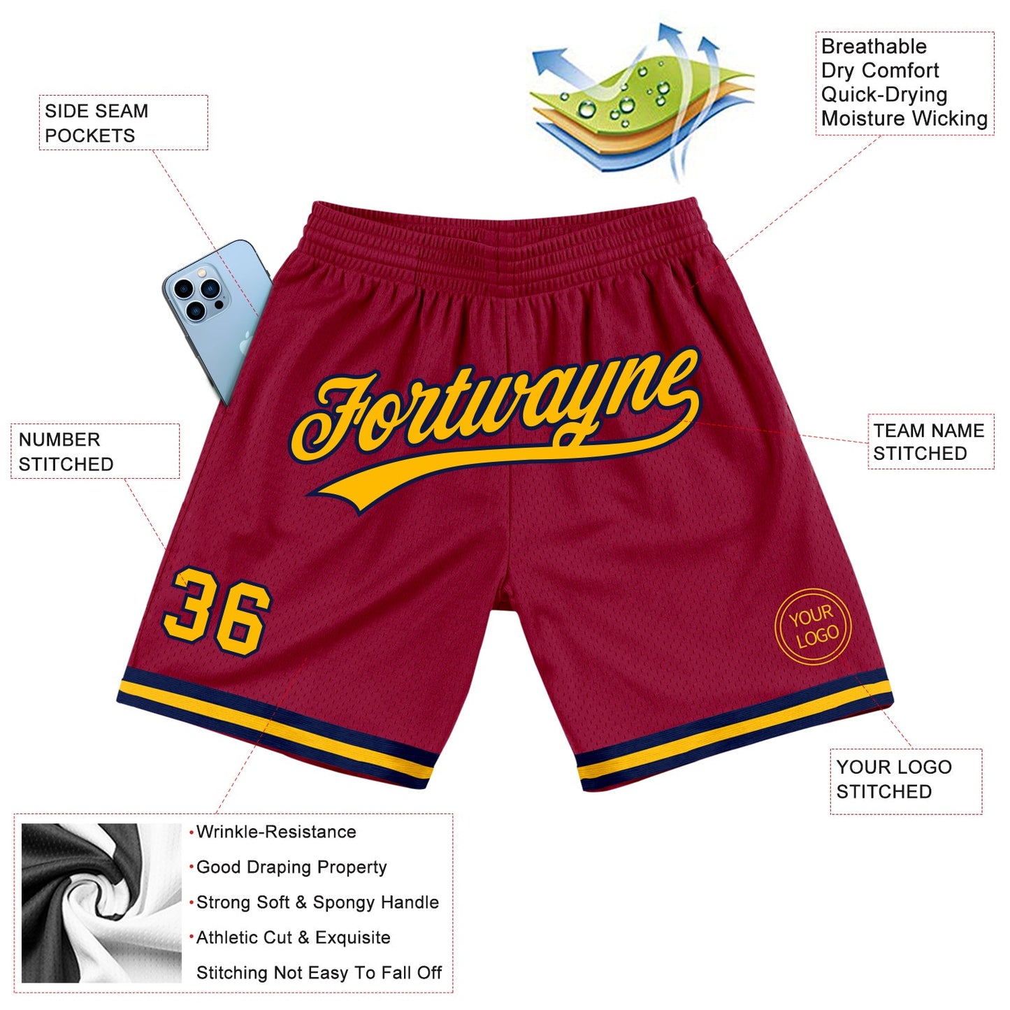 Custom Maroon Gold-Navy Authentic Throwback Basketball Shorts view 2
