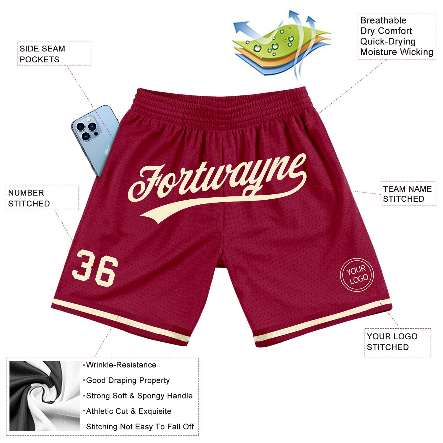 Custom Maroon Cream Authentic Throwback Basketball Shorts view 2