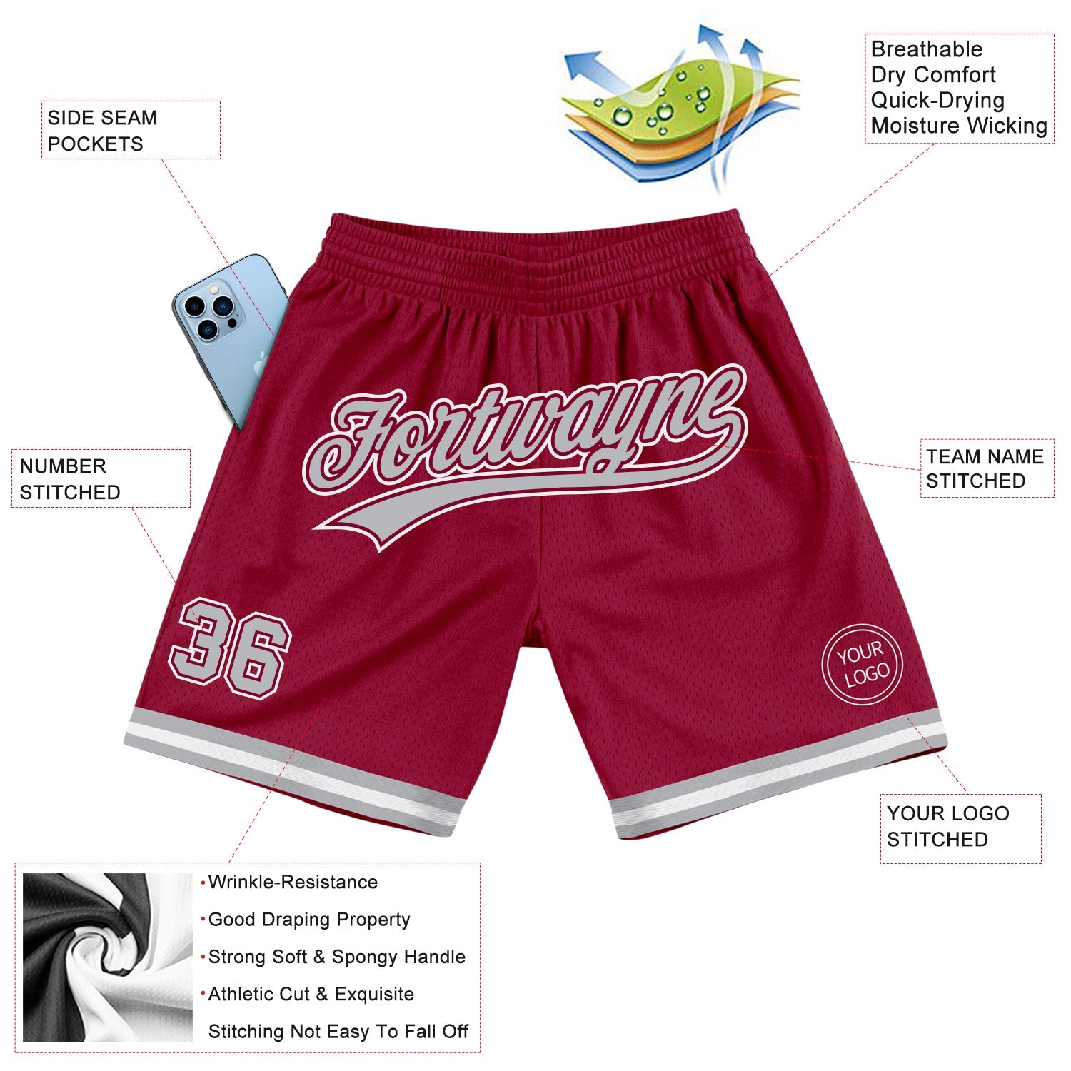 Custom Maroon Gray-White Authentic Throwback Basketball Shorts view 2