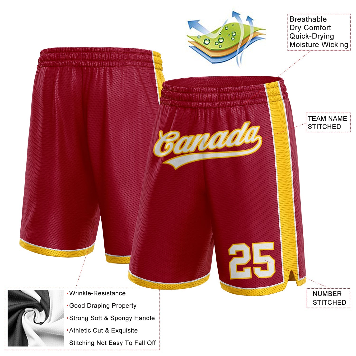 Custom Maroon White-Yellow Authentic Basketball Shorts view 2