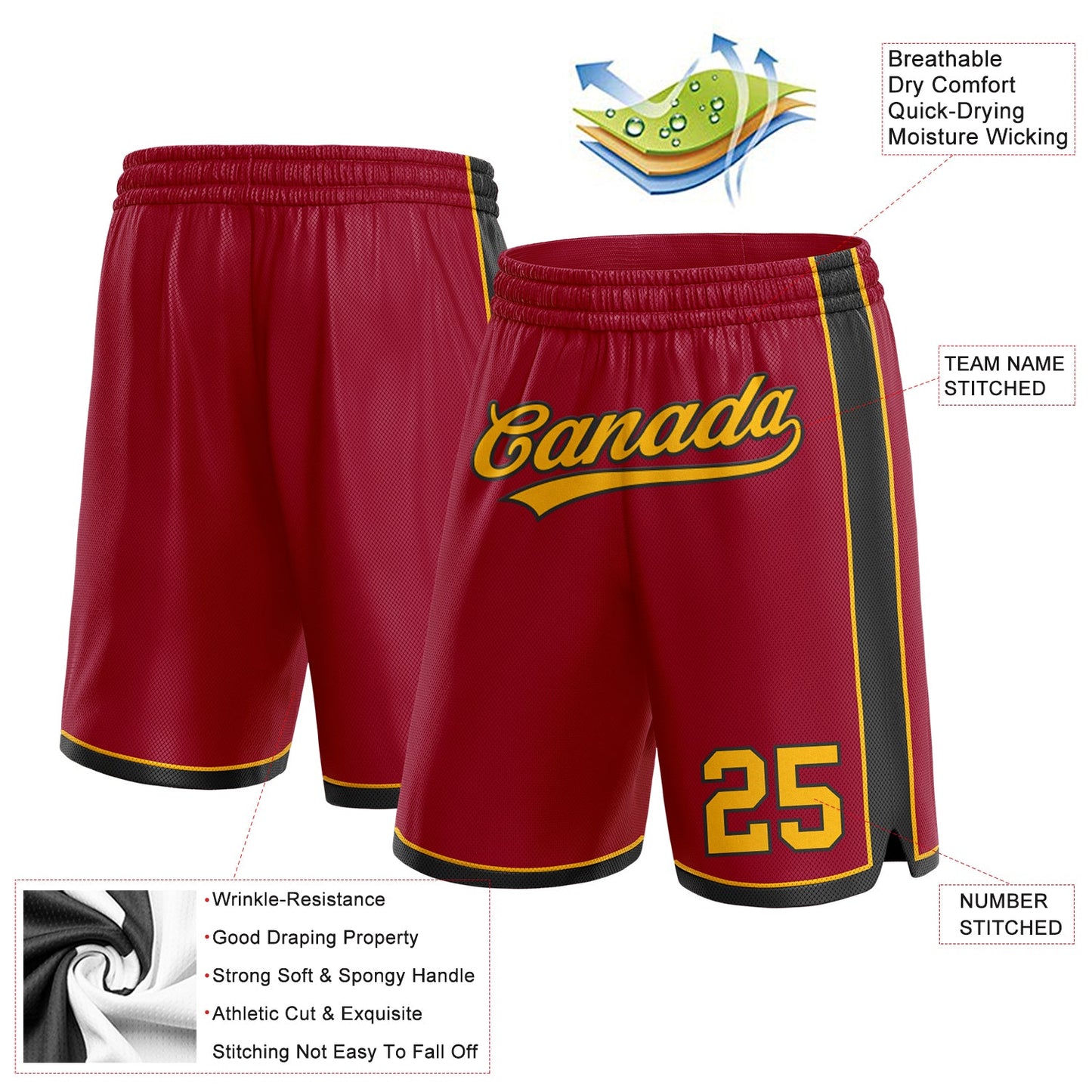 Custom Maroon Gold-Black Authentic Basketball Shorts view 2