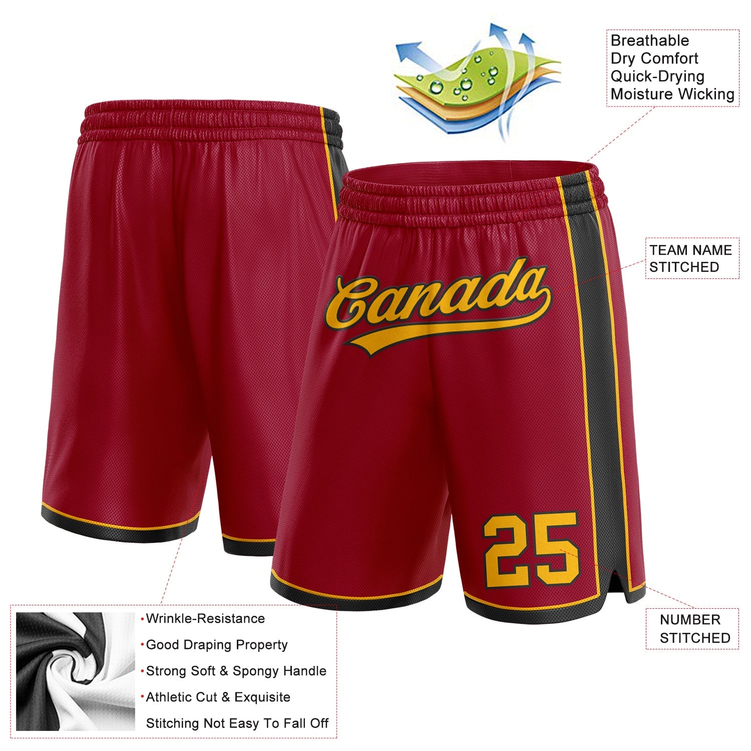 Custom Maroon Gold-Black Authentic Basketball Shorts view 2
