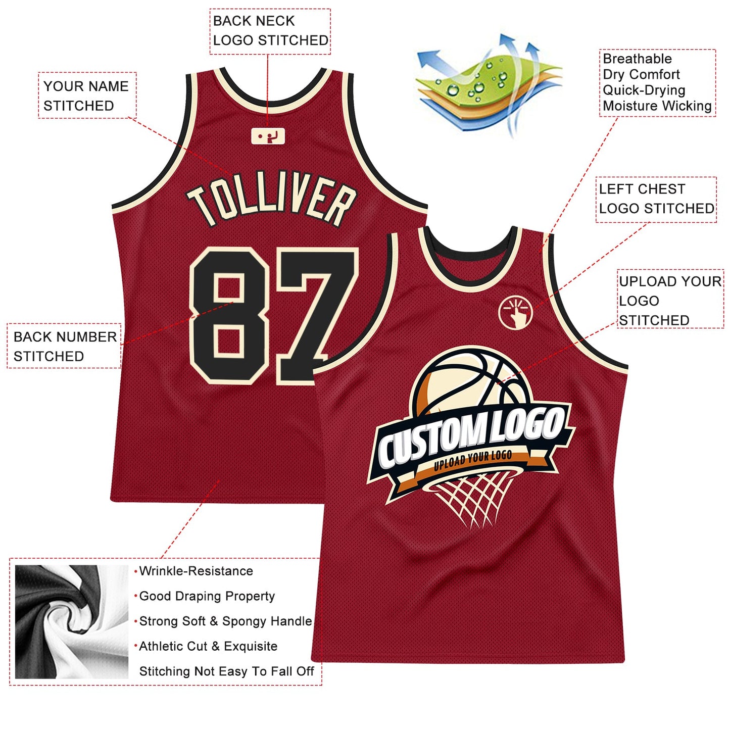 Custom Maroon Black-Cream Authentic Throwback Basketball Jersey view 2