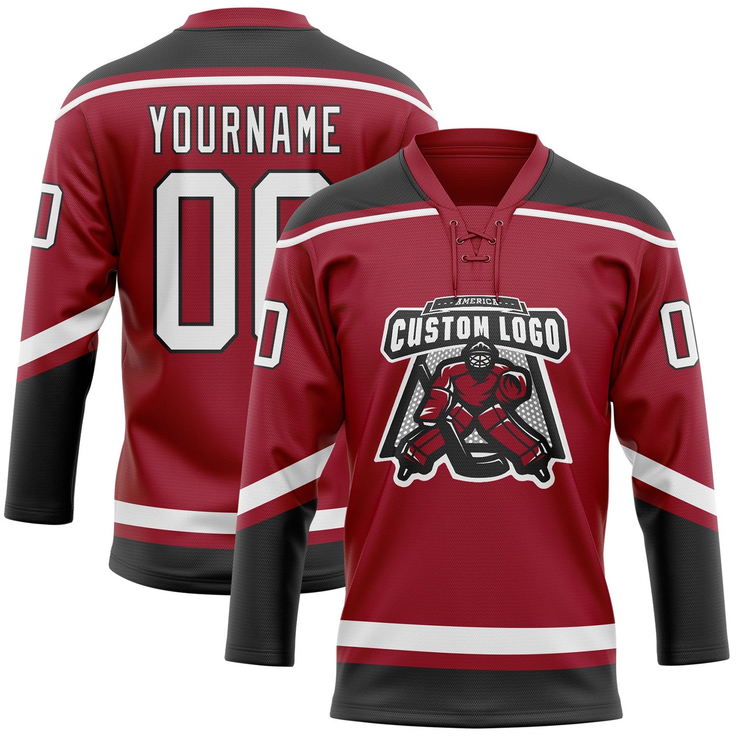 Custom Maroon White-Black Hockey Lace Neck Jersey view 2