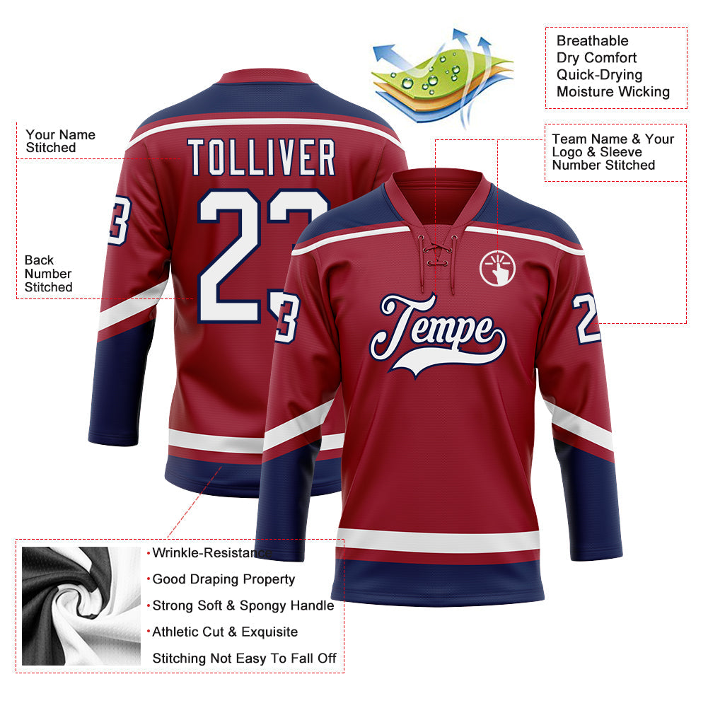 Custom Maroon White-Navy Hockey Lace Neck Jersey view 3