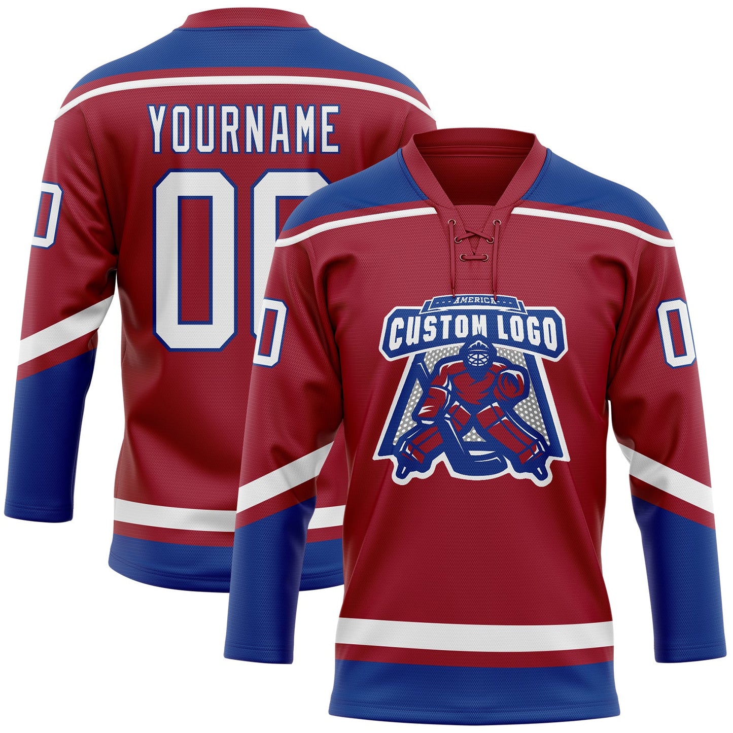 Custom Maroon White-Royal Hockey Lace Neck Jersey view 2