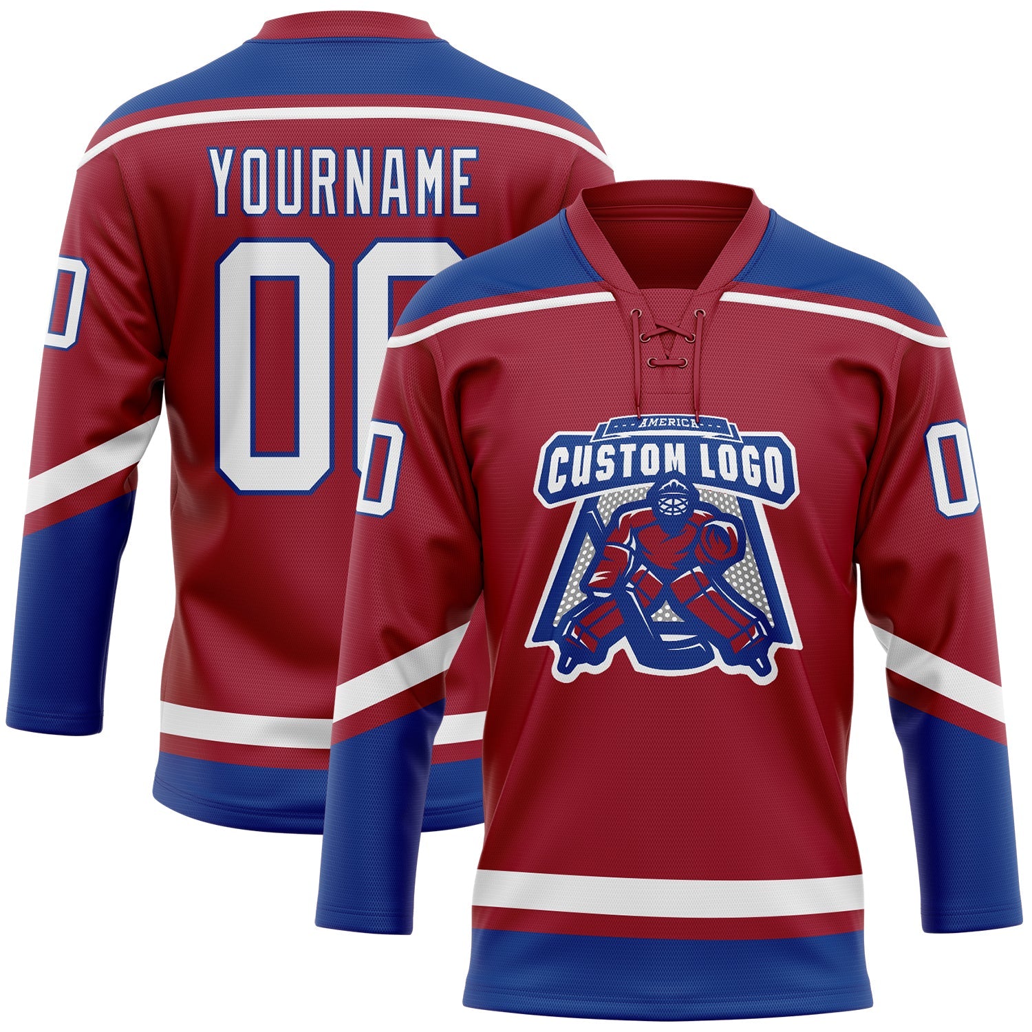 Custom Maroon White-Royal Hockey Lace Neck Jersey view 2