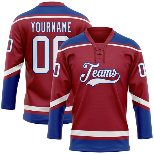 Custom Maroon White-Royal Hockey Lace Neck Jersey - Main View