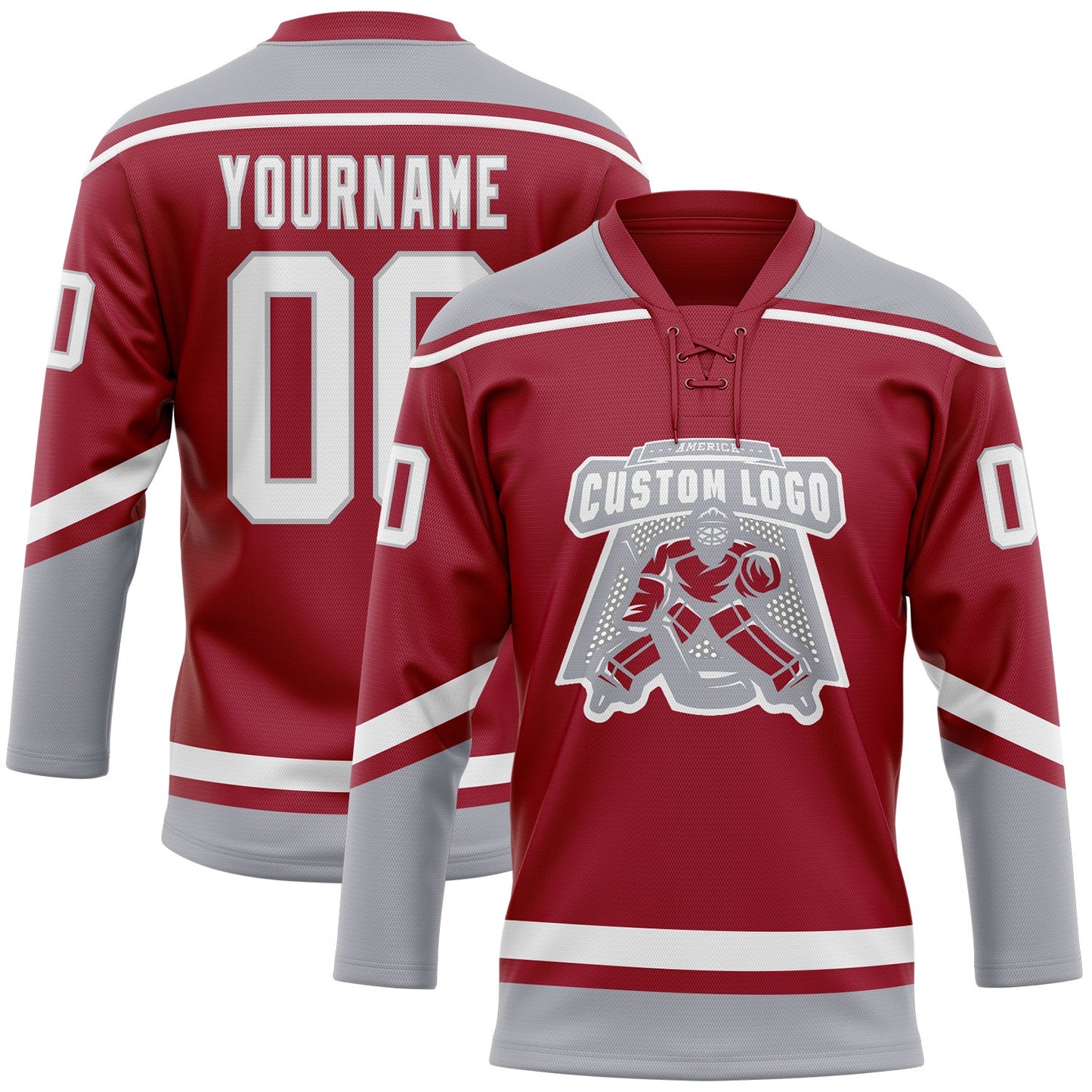 Custom Maroon White-Gray Hockey Lace Neck Jersey view 2