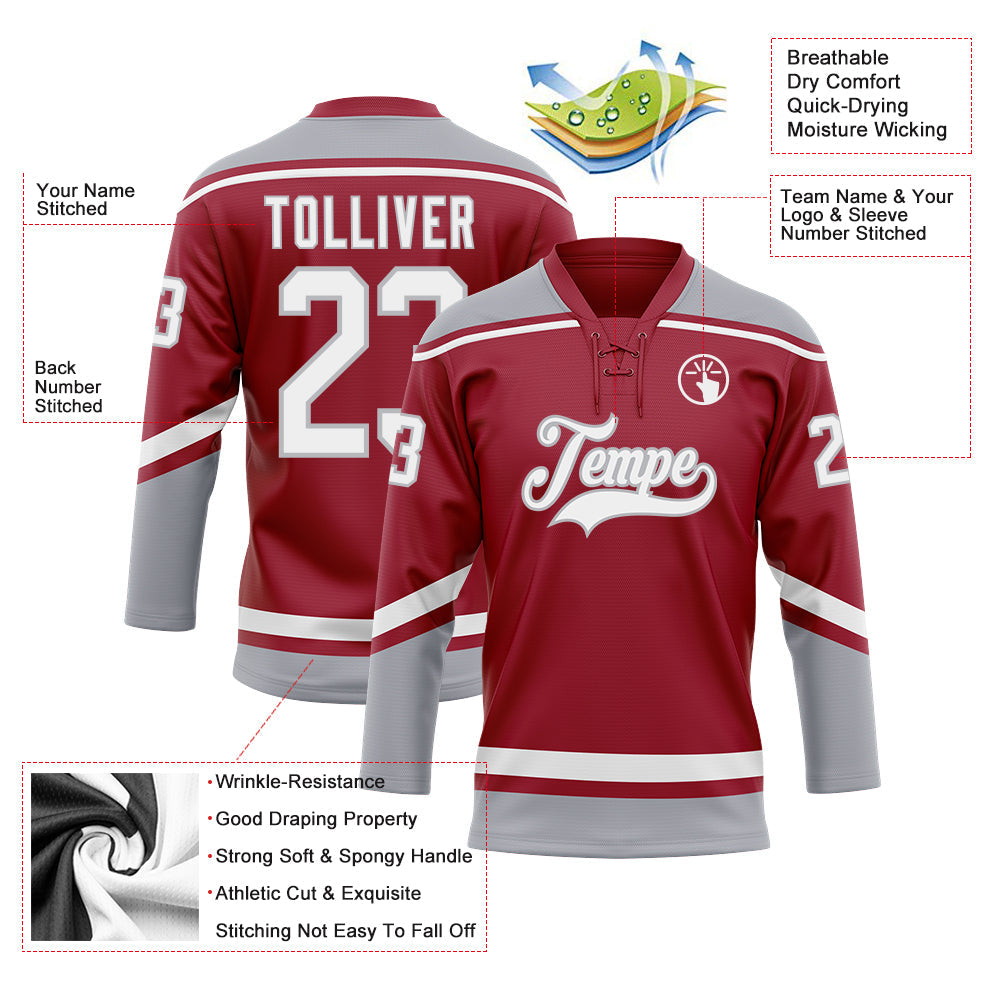 Custom Maroon White-Gray Hockey Lace Neck Jersey view 3