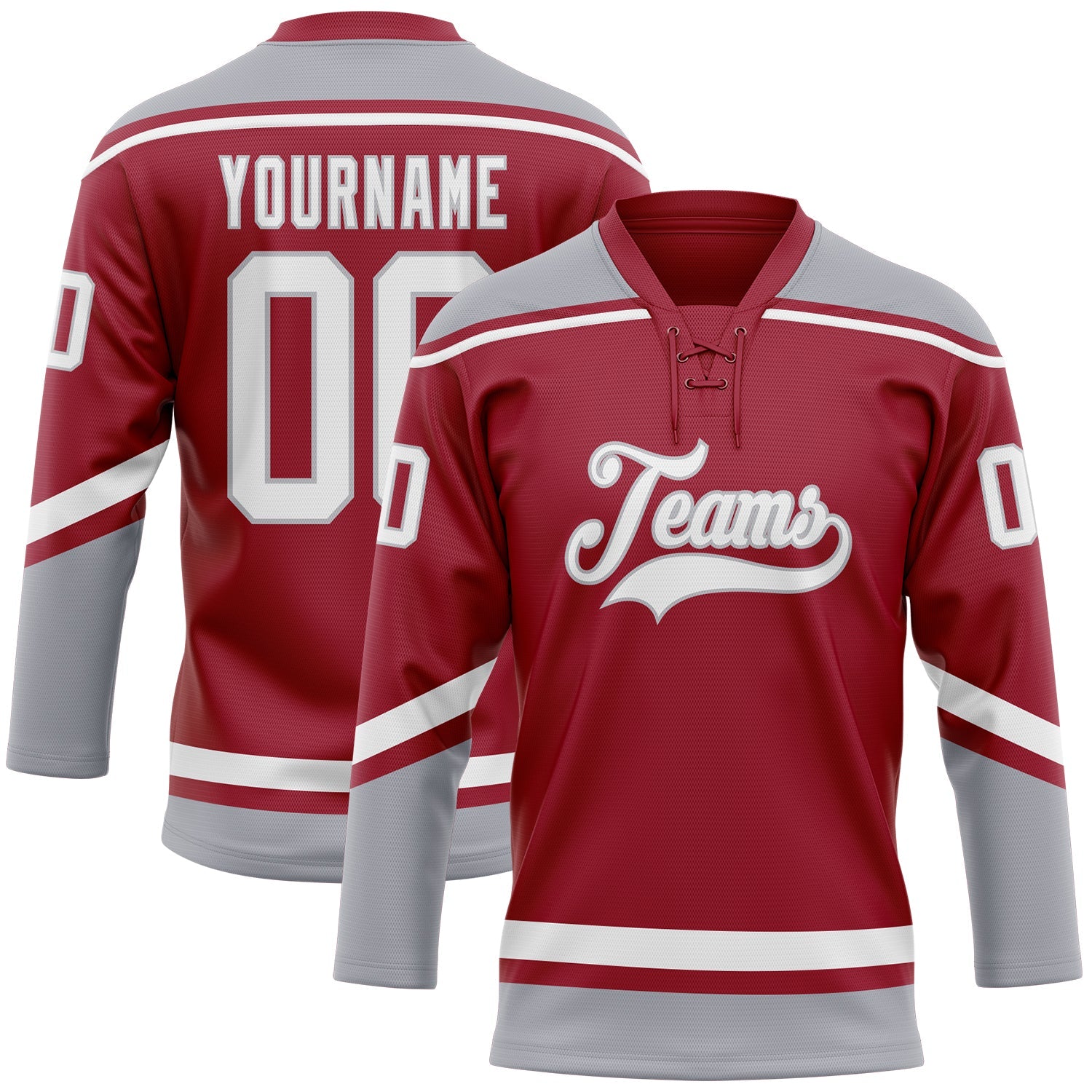 Custom Maroon White-Gray Hockey Lace Neck Jersey - Main View
