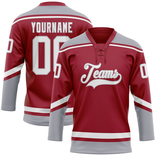 Custom Maroon White-Gray Hockey Lace Neck Jersey - Main View