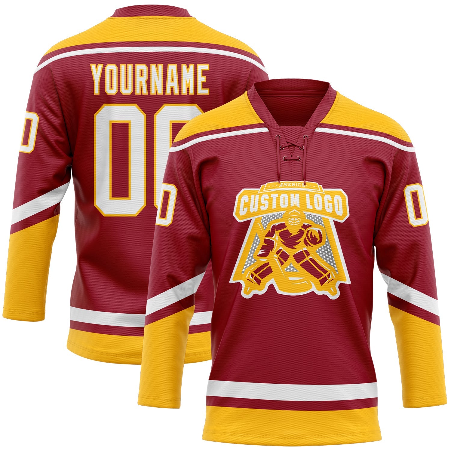 Custom Maroon White-Gold Hockey Lace Neck Jersey view 2