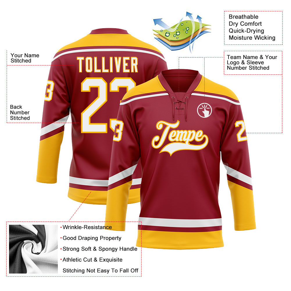 Custom Maroon White-Gold Hockey Lace Neck Jersey view 3