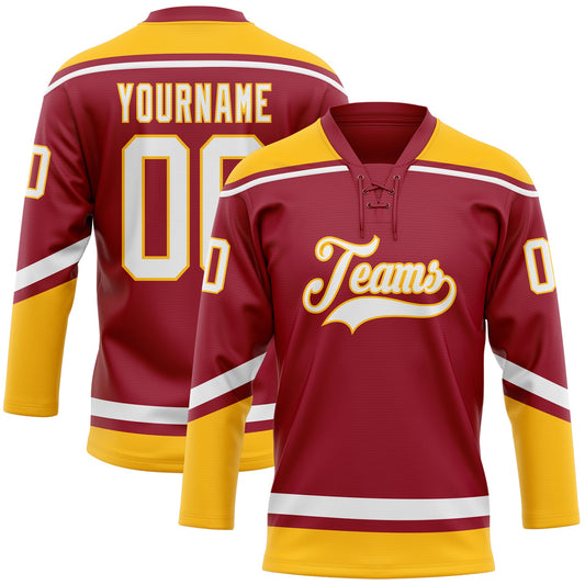 Custom Maroon White-Gold Hockey Lace Neck Jersey - Main View