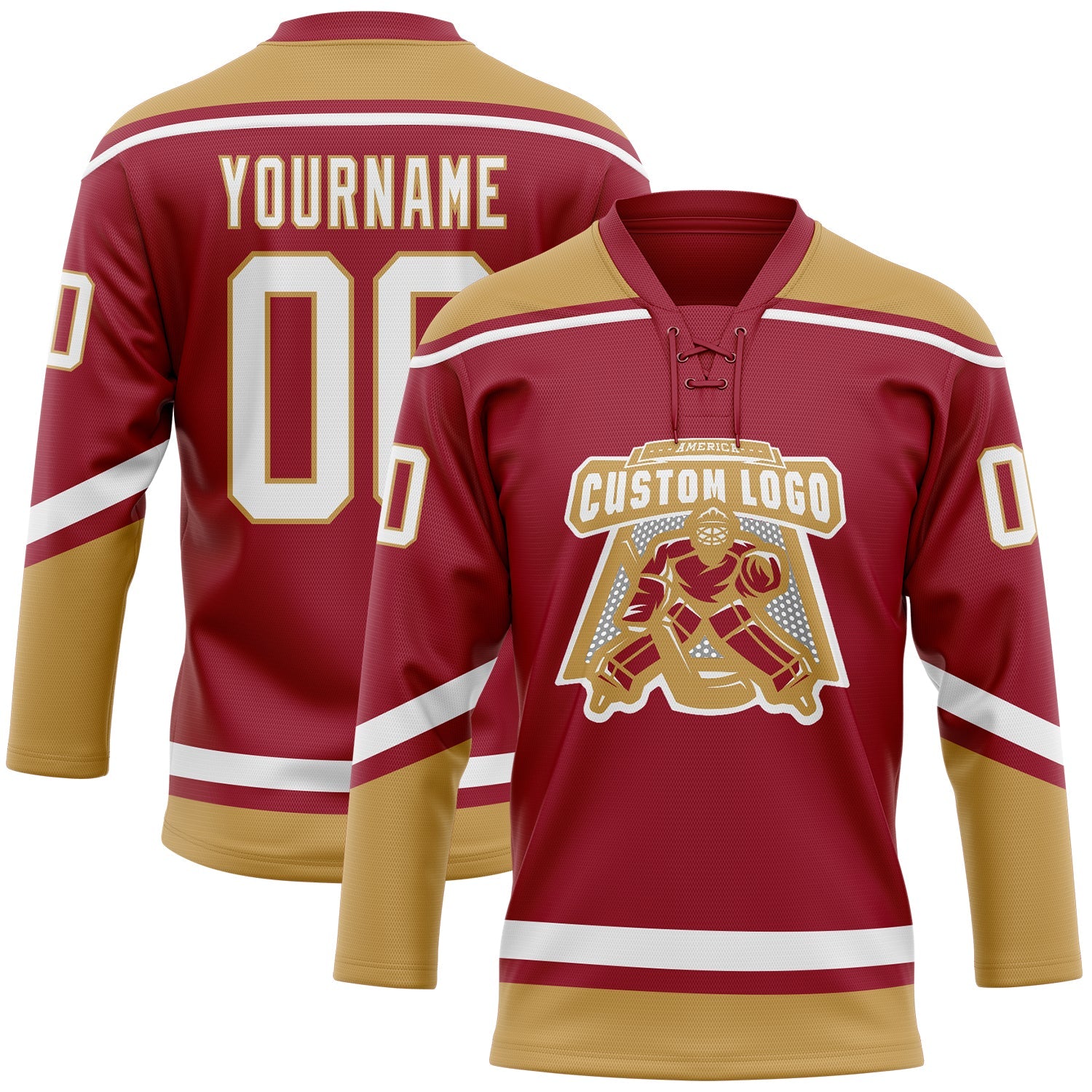 Custom Maroon White-Old Gold Hockey Lace Neck Jersey view 2