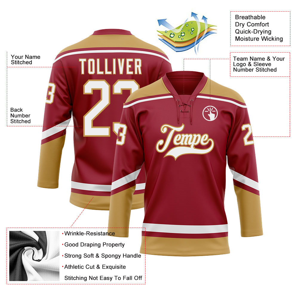 Custom Maroon White-Old Gold Hockey Lace Neck Jersey view 3