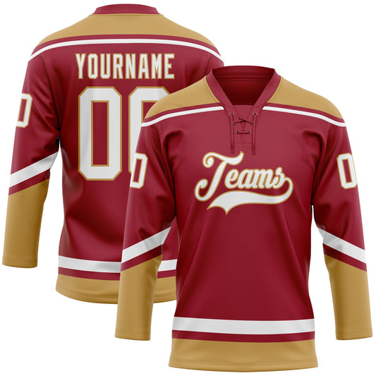 Custom Maroon White-Old Gold Hockey Lace Neck Jersey - Main View