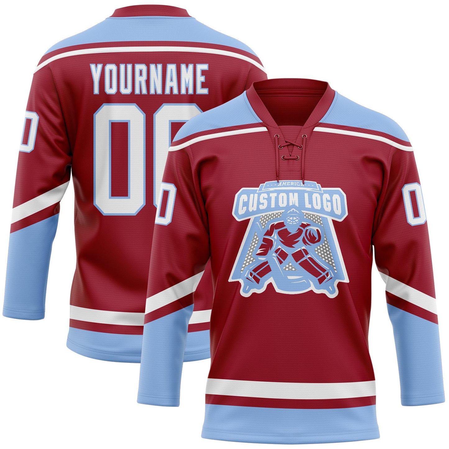 Custom Maroon White-Light Blue Hockey Lace Neck Jersey view 2