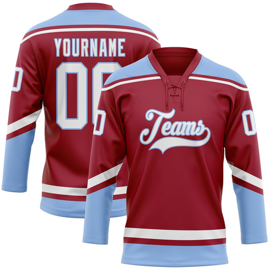 Custom Maroon White-Light Blue Hockey Lace Neck Jersey - Main View