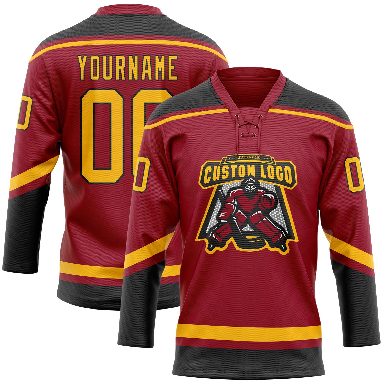 Custom Maroon Gold-Black Hockey Lace Neck Jersey view 2