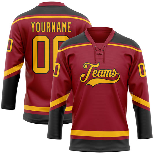 Custom Maroon Gold-Black Hockey Lace Neck Jersey - Main View