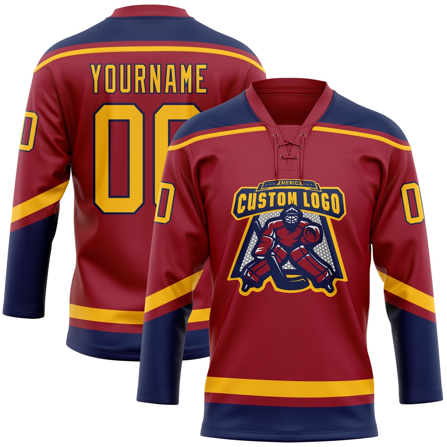 Custom Maroon Gold-Navy Hockey Lace Neck Jersey view 2