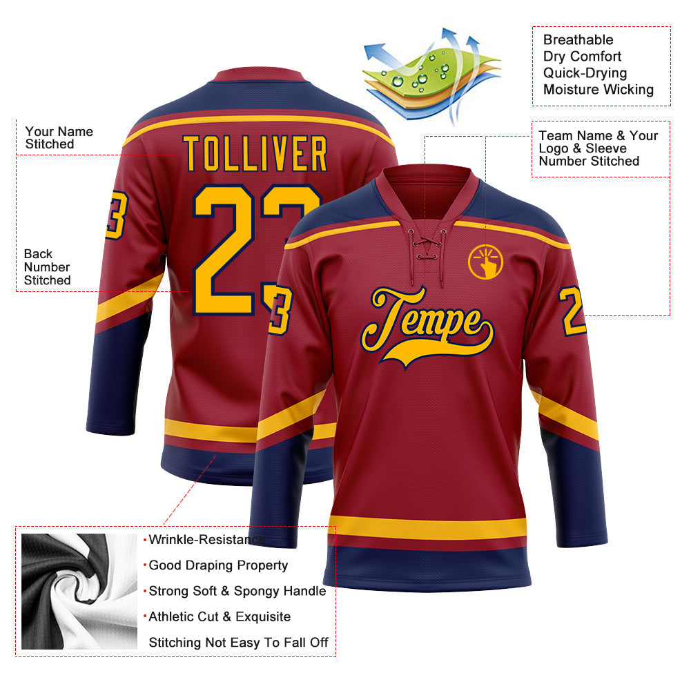 Custom Maroon Gold-Navy Hockey Lace Neck Jersey view 3