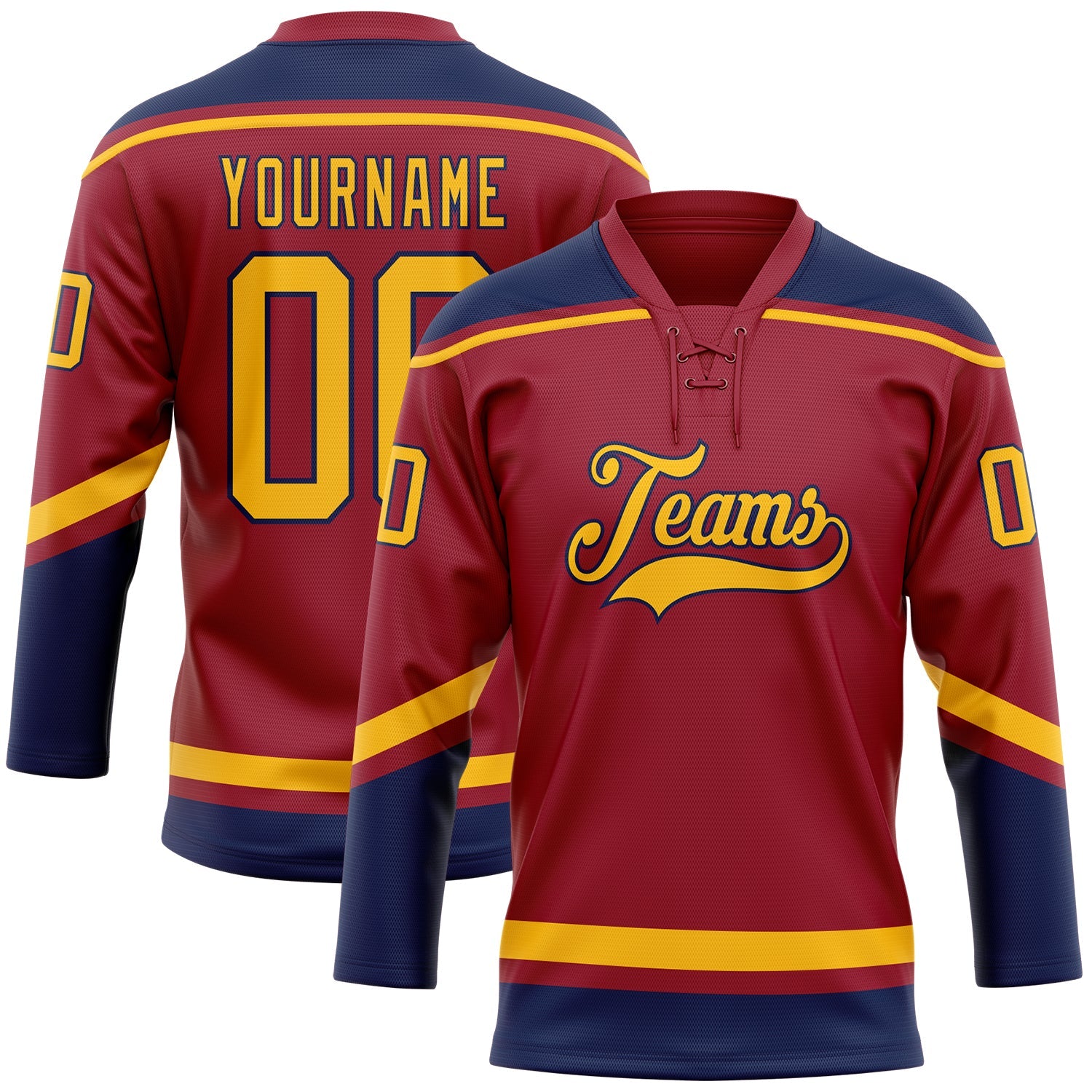 Custom Maroon Gold-Navy Hockey Lace Neck Jersey - Main View