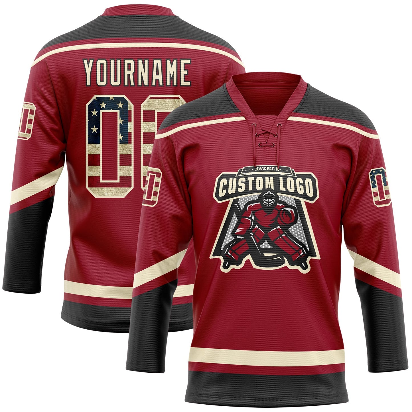 Custom Maroon Vintage USA Flag Cream-Black Hockey Lace Neck Jersey view 2