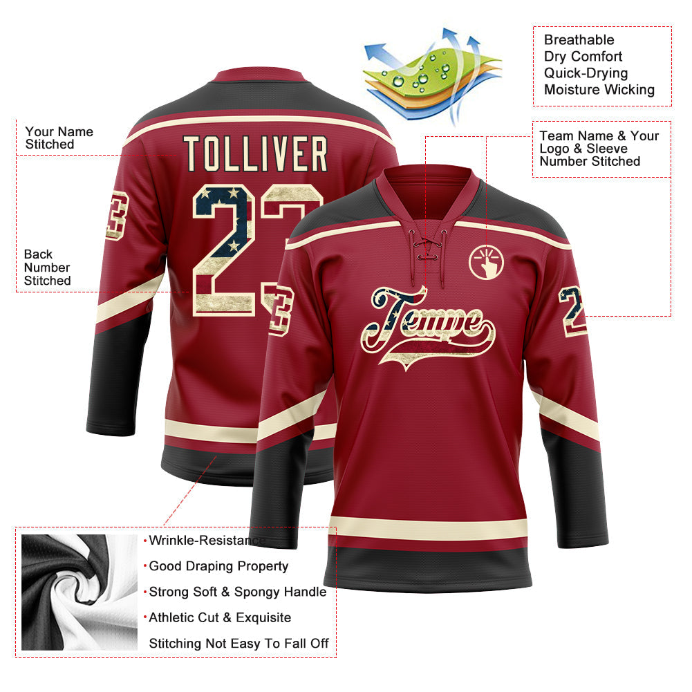 Custom Maroon Vintage USA Flag Cream-Black Hockey Lace Neck Jersey view 3