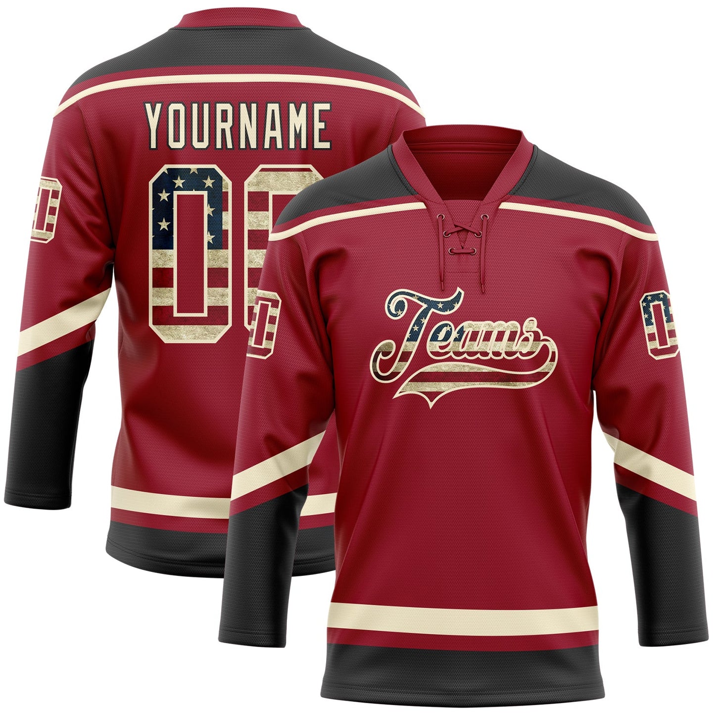 Custom Maroon Vintage USA Flag Cream-Black Hockey Lace Neck Jersey - Main View