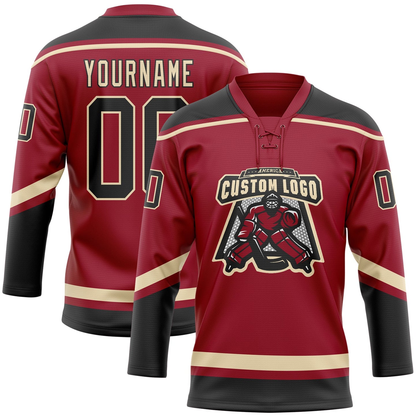 Custom Maroon Black-City Cream Hockey Lace Neck Jersey view 2