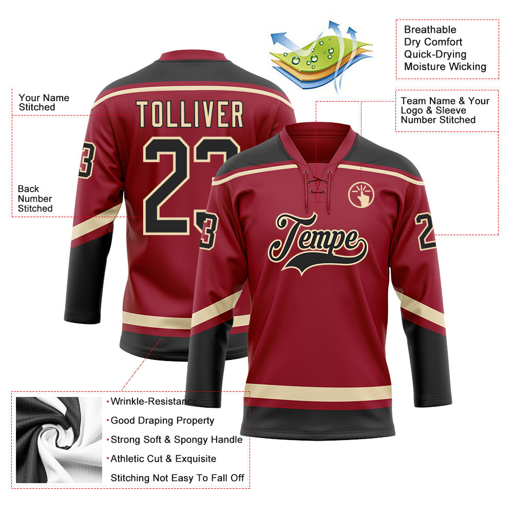 Custom Maroon Black-City Cream Hockey Lace Neck Jersey view 3