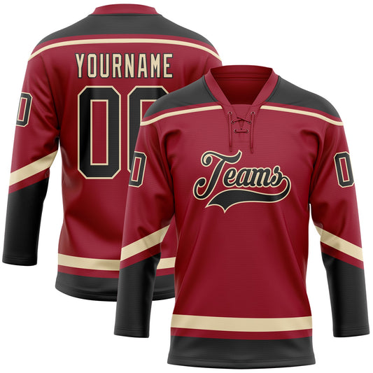 Custom Maroon Black-City Cream Hockey Lace Neck Jersey - Main View