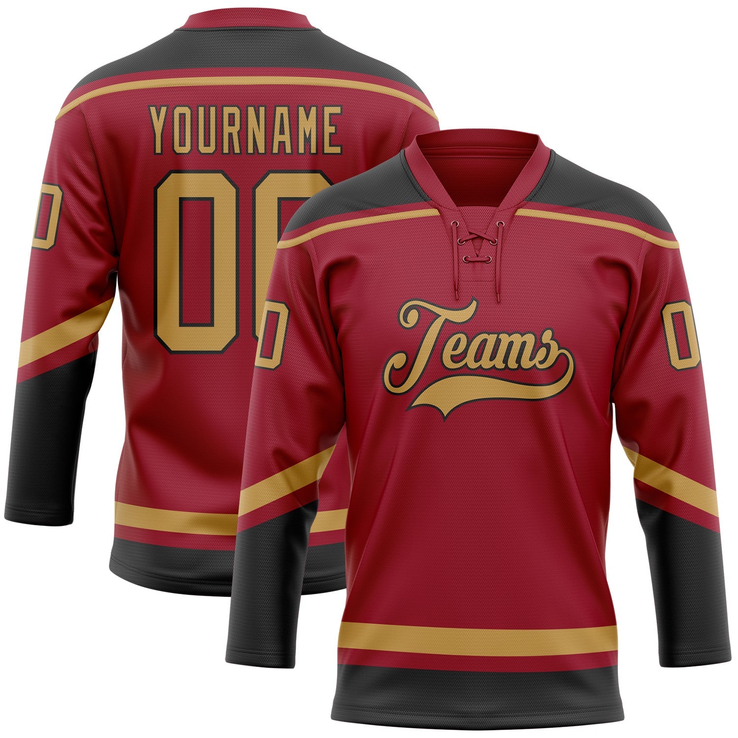 Custom Maroon Old Gold-Black Hockey Lace Neck Jersey - Main View