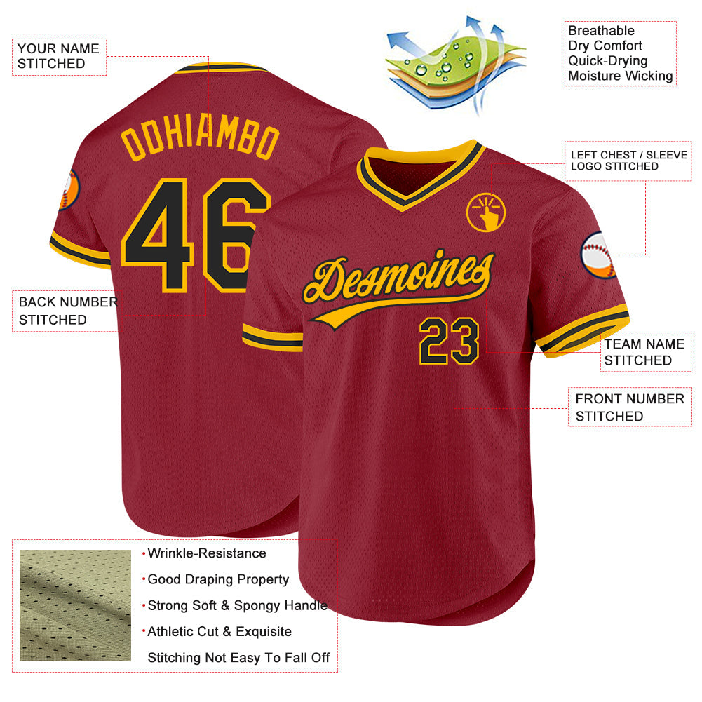 Custom Maroon Black-Gold Authentic Throwback Baseball Jersey view 3
