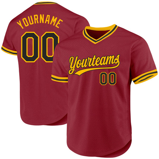 Custom Maroon Black-Gold Authentic Throwback Baseball Jersey - Main View