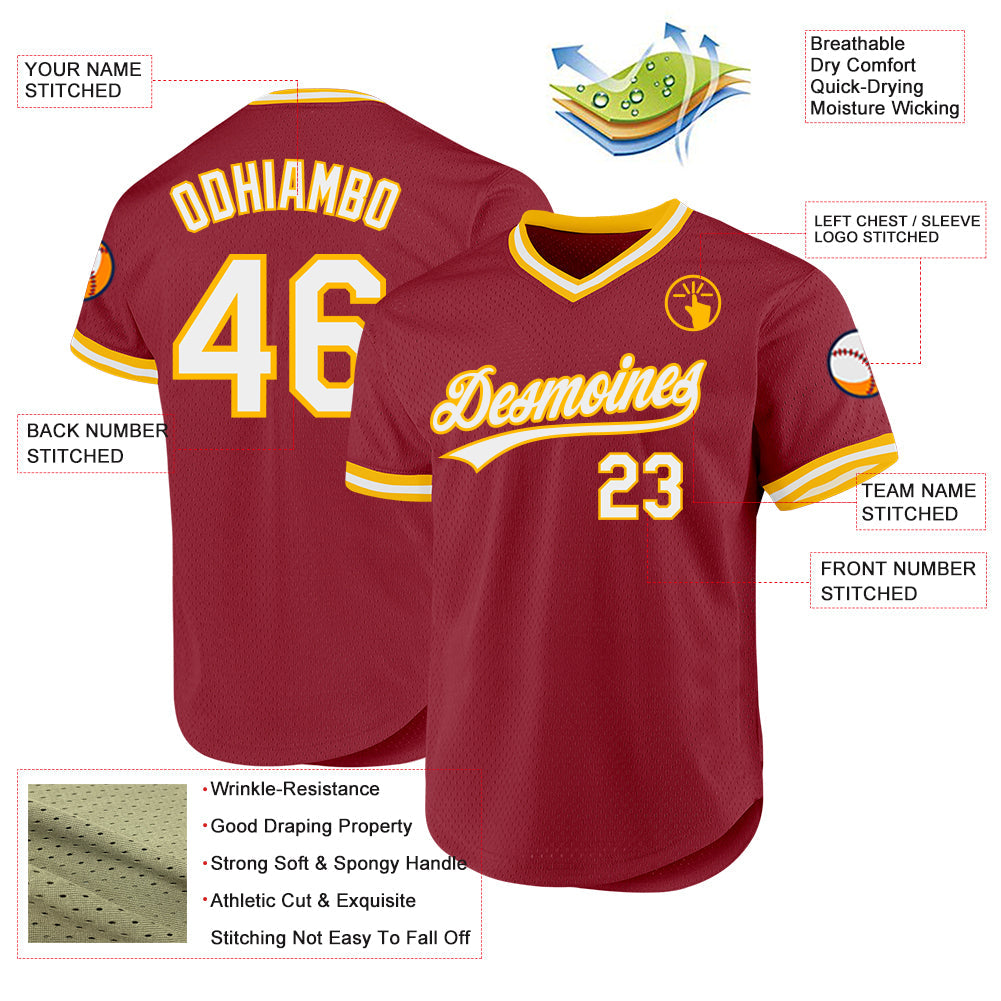 Custom Maroon White-Gold Authentic Throwback Baseball Jersey view 3