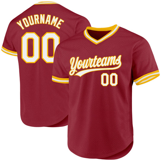 Custom Maroon White-Gold Authentic Throwback Baseball Jersey - Main View