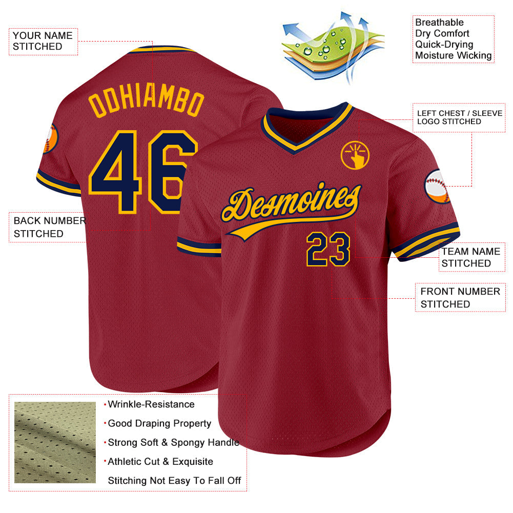 Custom Maroon Navy-Gold Authentic Throwback Baseball Jersey view 3