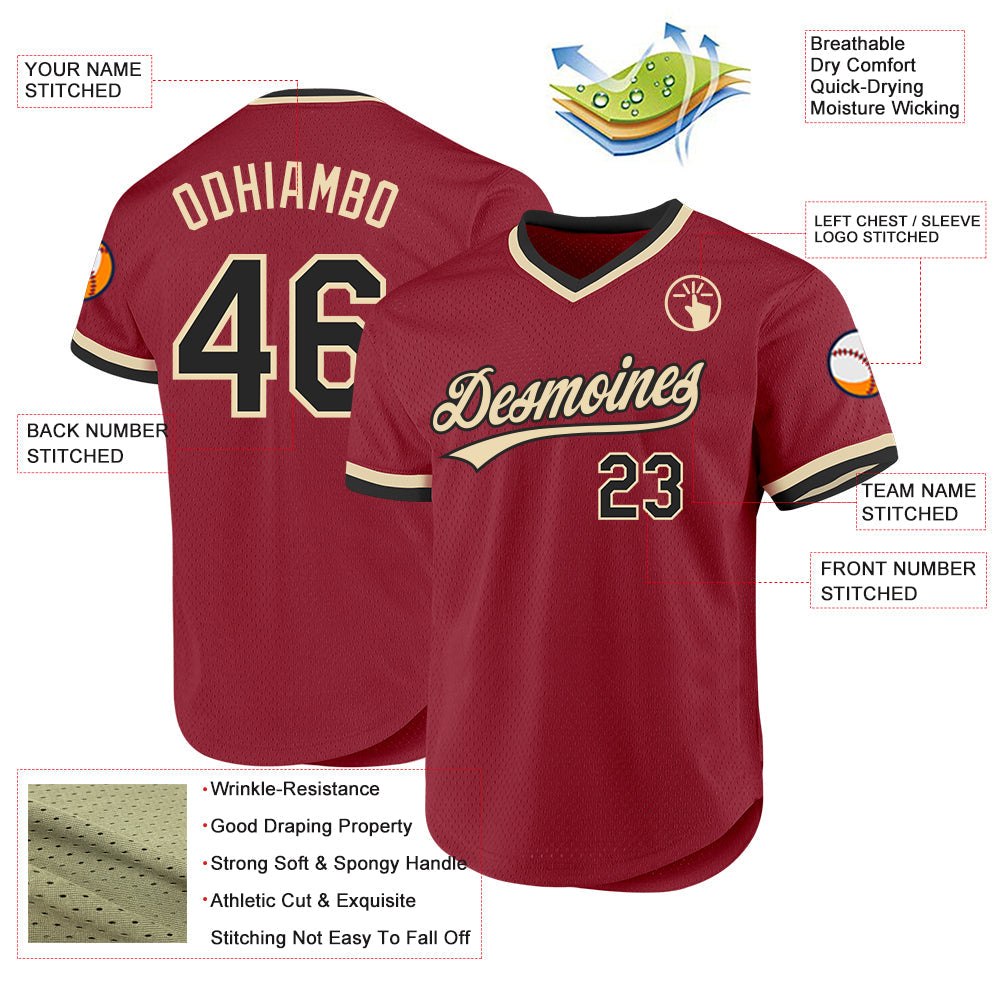 Custom Maroon Black-Cream Authentic Throwback Baseball Jersey view 3