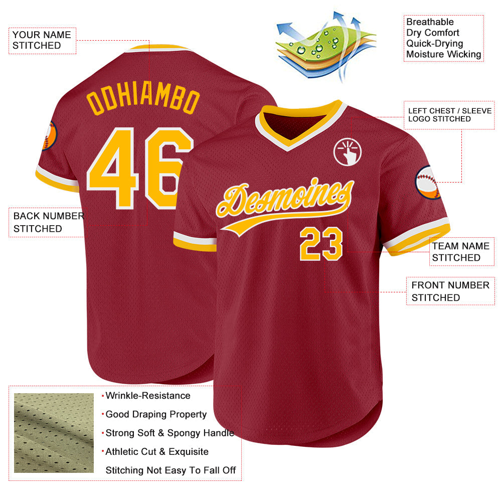 Custom Maroon Gold-White Authentic Throwback Baseball Jersey view 3