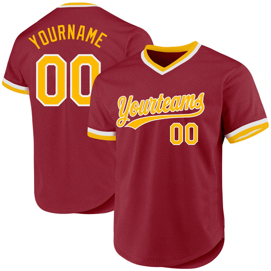 Custom Maroon Gold-White Authentic Throwback Baseball Jersey - Main View
