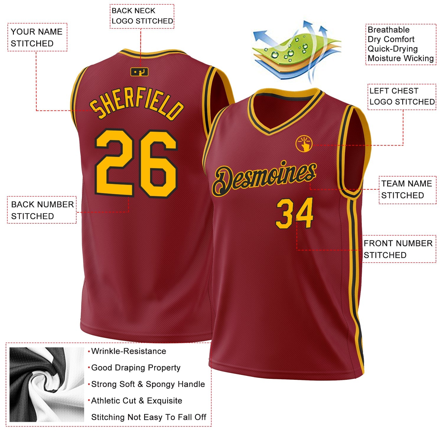 Custom Maroon Gold-Black Authentic Throwback Basketball Jersey view 3
