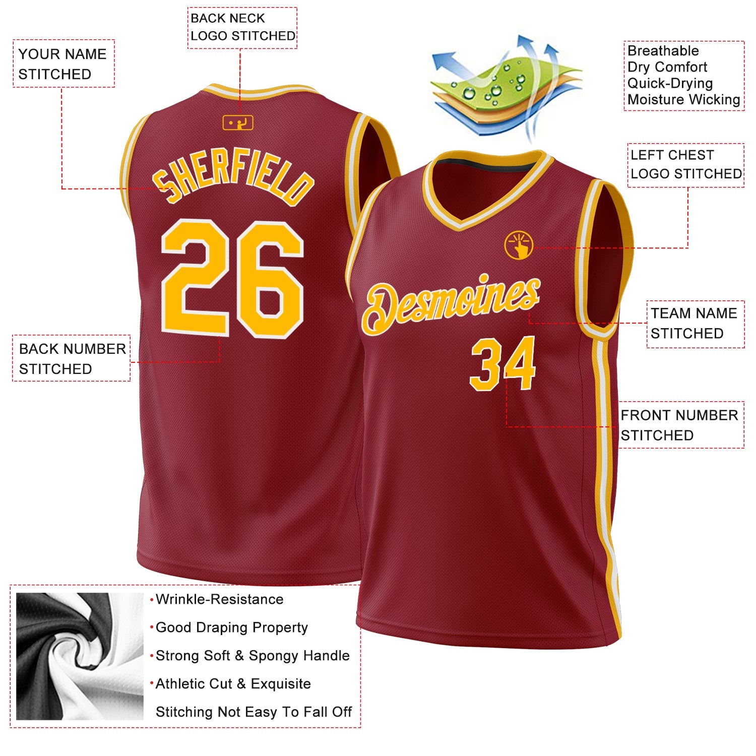 Custom Maroon Gold-White Authentic Throwback Basketball Jersey view 3