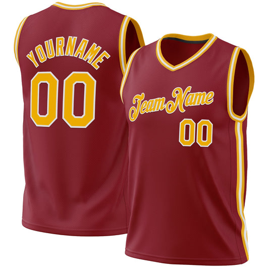 Custom Maroon Gold-White Authentic Throwback Basketball Jersey - Main View